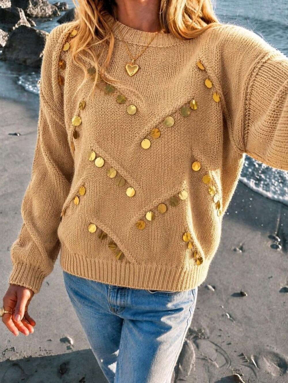 Women's Fashion Long Sleeve Pullover Sweater With Gold Sequin Embellishments, Re